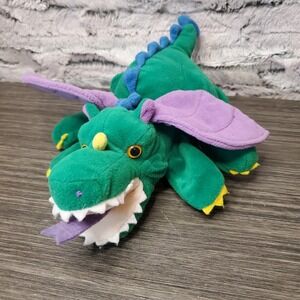 Green Dragon Hand Puppet Purple Wings Plush Creations Full Body Teachers Aid 11"